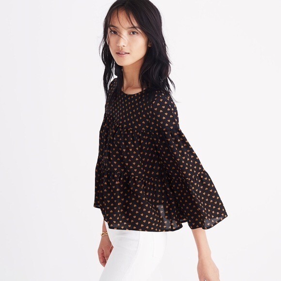 MADEWELL Silk Black Gold Heart Flip Button Back Tiered Top Blouse X-Small - Picture 6 of 16
